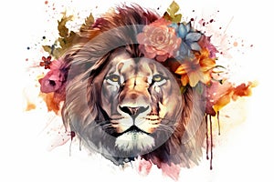 Retro style Lion Colorful spring flowers in front head