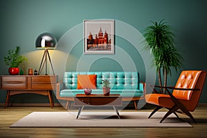 Retro style living room blue button back sofa brown button back arm chair set against pale blue wall sideboard Generative AI