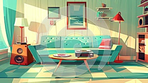 A retro style living room interior design. Modern cartoon illustration of a cozy 80s apartment furnished with vintage