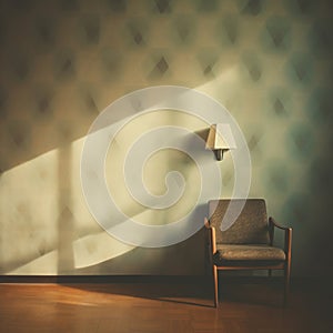 Retro style living room with old armchair, faded green wallpaper, and lamp on the wall. Vintage aesthetics. Generative AI