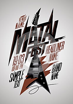 Retro style metal fest poster design with v style electro guitar