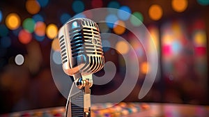 Retro style microphone on a stage with bokeh lights in background.