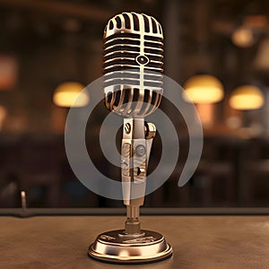 Retro style microphone on wooden table