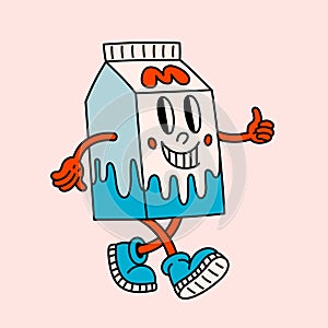 Retro style milk box cartoon character. Groovy vintage 70s milk character with funny face giving a thumbs up.