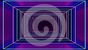 Retro style neon square tunnel in pink and blue cyber space. 3D rendered.