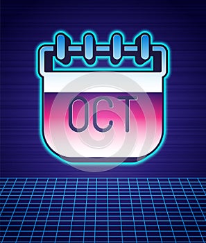 Retro style October calendar autumn icon isolated futuristic landscape background. 80s fashion party. Vector