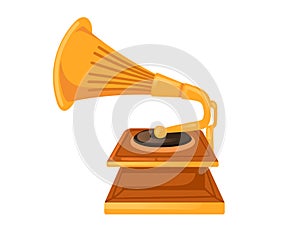 Retro style old golden gramophone with wooden base vector illustration isolated on white background
