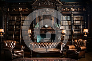 Retro-style old library with an opened book and stacks of historical books