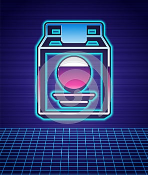 Retro style Online ordering and fast food delivery icon isolated futuristic landscape background. 80s fashion party