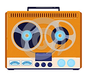 Retro style orange reel-to-reel tape recorder, vintage audio equipment. Nostalgia for 60s and 70s music playback devices