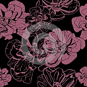 Retro-style Pattern of ink flowers on black