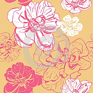 Retro-style Pattern of ink flowers in yellow and pink colors