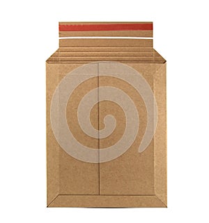 Retro style post mail envelope isolated on white background. Recycled cardboard paper. It is hard as a box and protects the goods