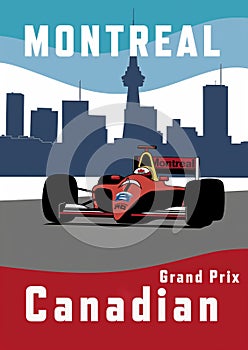 Retro-style poster for the Montreal Grand Prix featuring a race car on a racetrack with the Montreal skyline in the background. photo