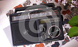 Retro style radio for FM and AM radio reception. Can also listen to MP3 files. Details and close-up.