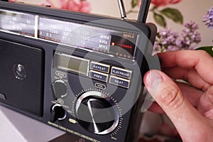 Retro style radio for FM and AM radio reception. Can also listen to MP3 files. Details and close-up.