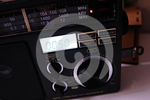 Retro style radio for FM and AM radio reception. Can also listen to MP3 files. Details and close-up.