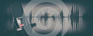 Retro style records podcasts concept. Microphone photo