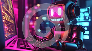 Retro-style robot coding on a futuristic computer in neon lighting