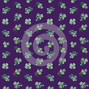 Retro-style Seamless pattern with clover leaf and ladybugs. Clover grass on violet background.