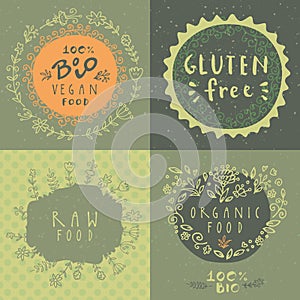 Retro style set of 100% bio organic gluten free eco bio vegan healthy food restaurant menu logo label templates