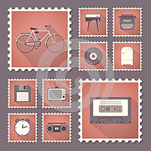 Retro style set flat stamps with shadow.