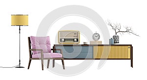 Retro style sideboard and pink armchair on white