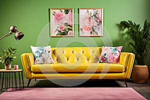 Retro style sitting room yellow button back sofa with floral cushions wireframe coffee table potted plant generative AI