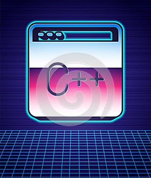 Retro style Software, web developer programming code icon isolated futuristic landscape background. Javascript computer