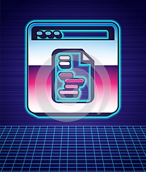 Retro style Software, web developer programming code icon isolated futuristic landscape background. Javascript computer