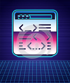 Retro style Software, web developer programming code icon isolated futuristic landscape background. Javascript computer