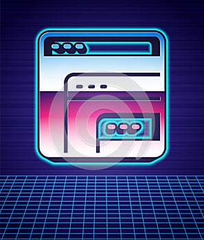 Retro style Software, web developer programming code icon isolated futuristic landscape background. Javascript computer