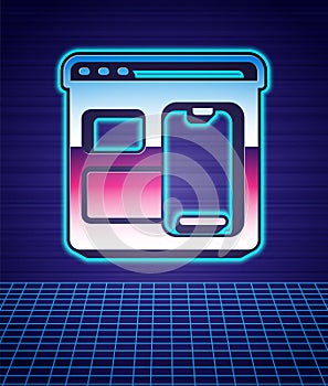 Retro style Software, web developer programming code icon isolated futuristic landscape background. Javascript computer