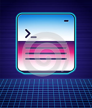 Retro style Software, web developer programming code icon isolated futuristic landscape background. Javascript computer