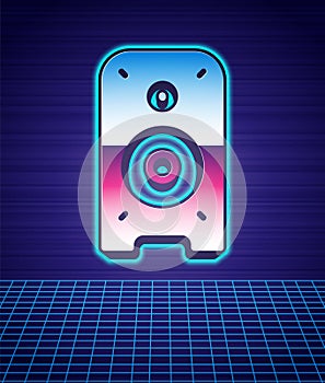 Retro style Stereo speaker icon isolated futuristic landscape background. Sound system speakers. Music icon. Musical