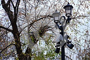 Retro style street lamp and surveillance camera in autumn park