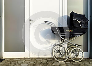 Retro style stroller baby carriage outdoors