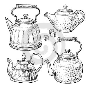 Retro style tea pots set. Vintage vector elements in engraving style.