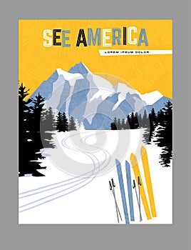 Retro style travel poster design for the United States.  Downhill skiing in the mountains.