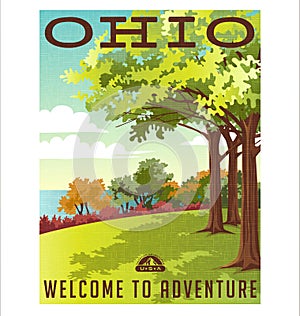 Retro style travel poster series. United States, Ohio landscape.