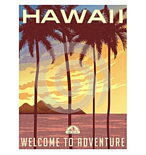 Retro style travel poster or sticker. Hawaii