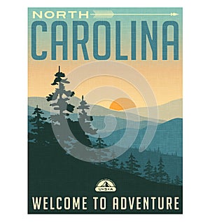 Retro style travel poster or sticker. North Carolina