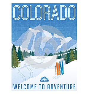 Retro style travel poster or sticker. United States, Colorado Ski mountains