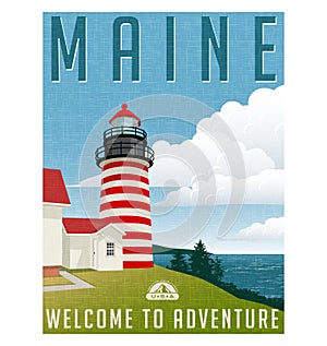 Retro style travel poster United States, Maine lighthouse.