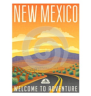 Retro style travel poster United States, New Mexico desert