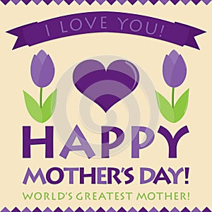 Retro style tulip and heart Mother`s Day card