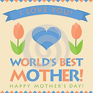 Retro style tulip and heart Mother`s Day card