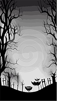 Retro style vector Halloween background with dark silhouette forest at night with graveyard with