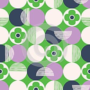 Retro Vector Seamless Pattern with Textured Circles and Abstract Flowers on Green Background. Fresh Geometric Florals