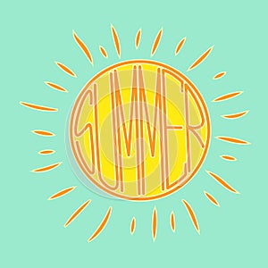 Retro style vector sun logo for your design with a `summer` lettering inside